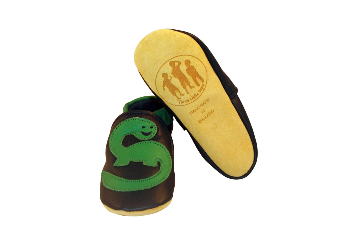 Three Little Imps Handmade Soft Leather Toddler Shoes - Roaring Green Dinosaur on Navy Blue Three Little Imps