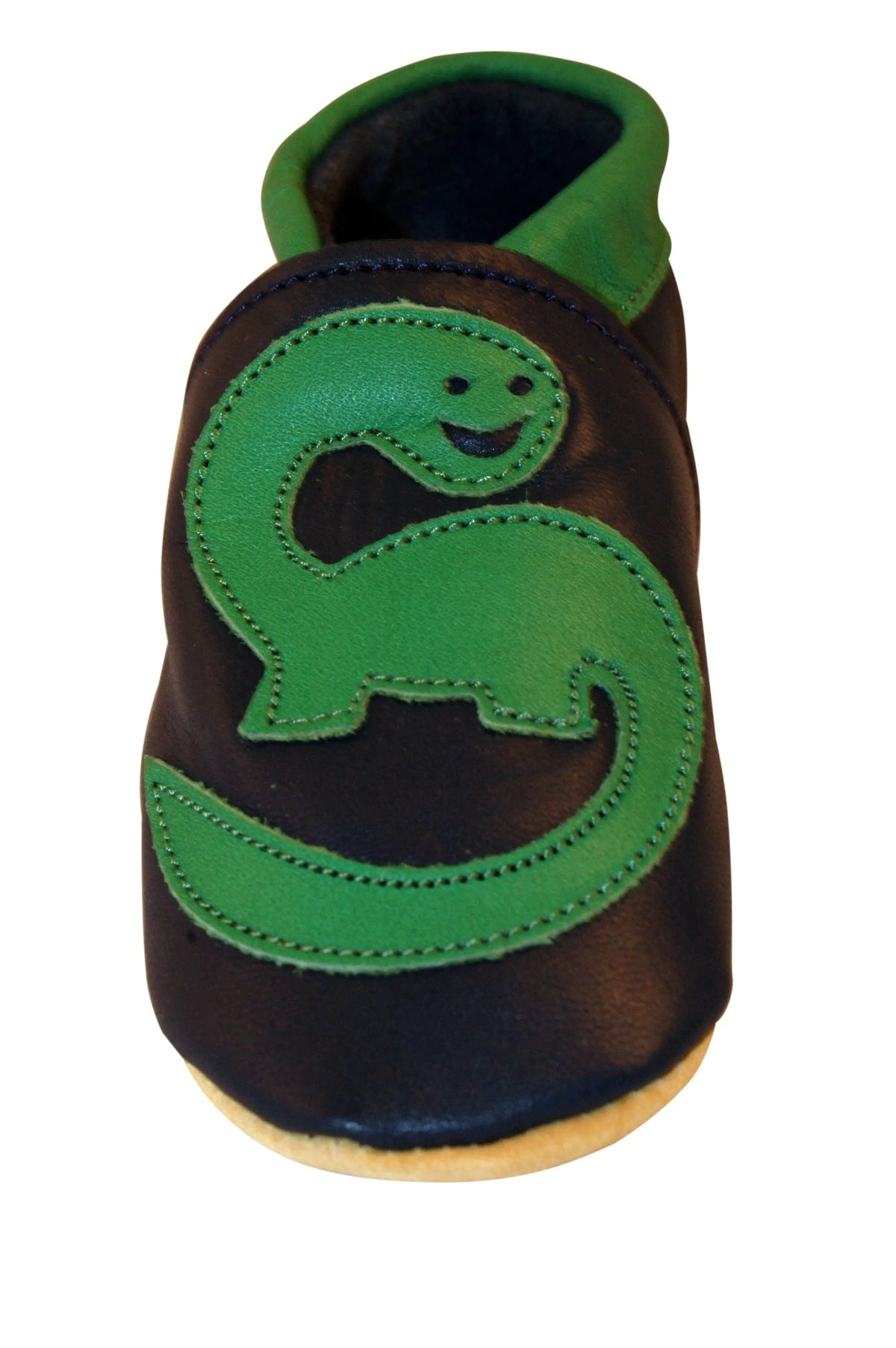 Three Little Imps Handmade Soft Leather Toddler Shoes - Roaring Green Dinosaur on Navy Blue Three Little Imps