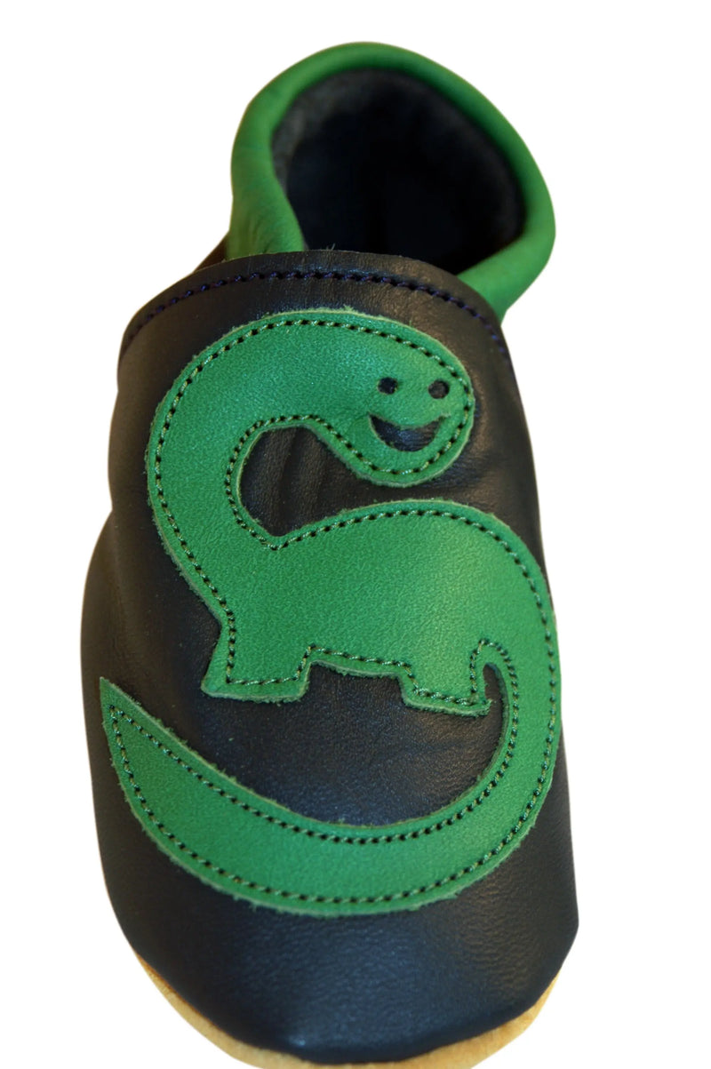 Three Little Imps Handmade Soft Leather Toddler Shoes - Roaring Green Dinosaur on Navy Blue Three Little Imps
