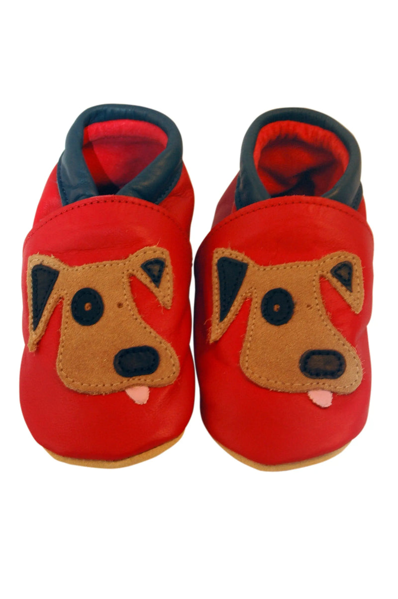 Three Little Imps Handmade Soft Leather Toddler Shoes - Playful Dog on Red Three Little Imps