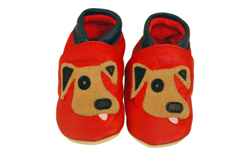 Three Little Imps Handmade Soft Leather Toddler Shoes - Playful Dog on Red Three Little Imps