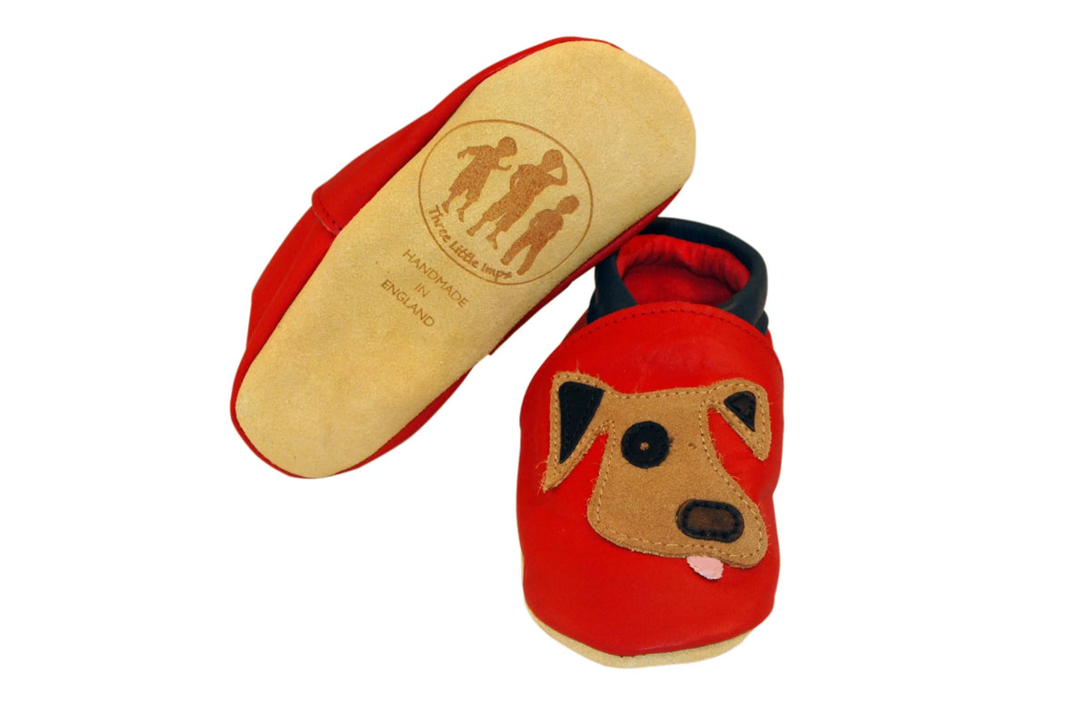 Three Little Imps Handmade Soft Leather Toddler Shoes - Playful Dog on Red Three Little Imps