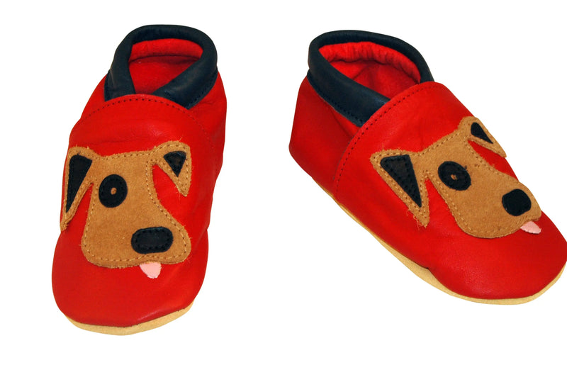 Three Little Imps Handmade Soft Leather Toddler Shoes - Playful Dog on Red Three Little Imps