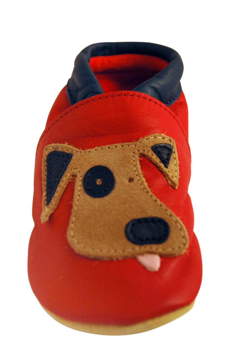 Three Little Imps Handmade Soft Leather Toddler Shoes - Playful Dog on Red Three Little Imps