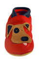 Chaussures pour bébé en cuir souple faites main Three Little Imps - Petit chien en rouge