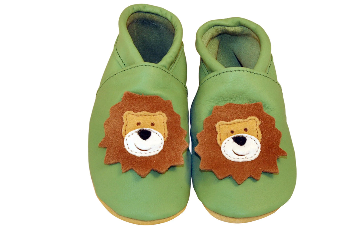 Three Little Imps Handmade Soft Leather Toddler Shoes - Roaring Lion on Pale Green Three Little Imps