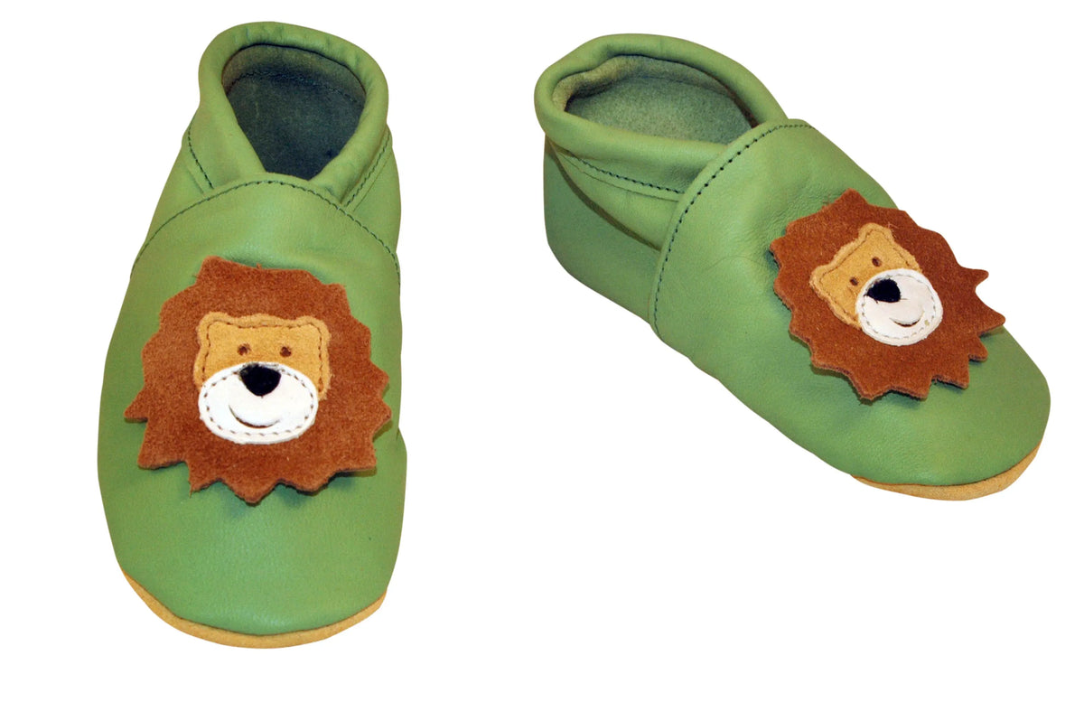 Three Little Imps Handmade Soft Leather Toddler Shoes - Roaring Lion on Pale Green Three Little Imps