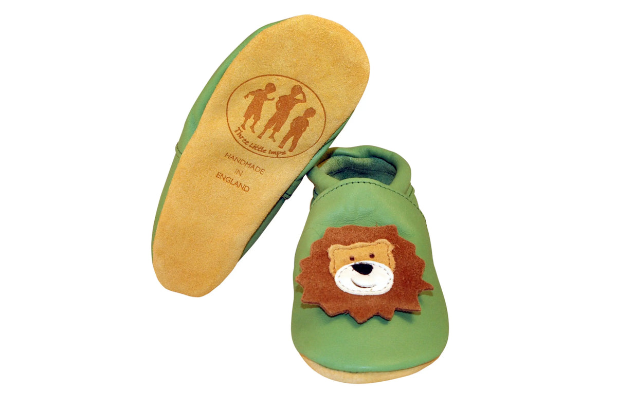 Three Little Imps Handmade Soft Leather Toddler Shoes - Roaring Lion on Pale Green Three Little Imps