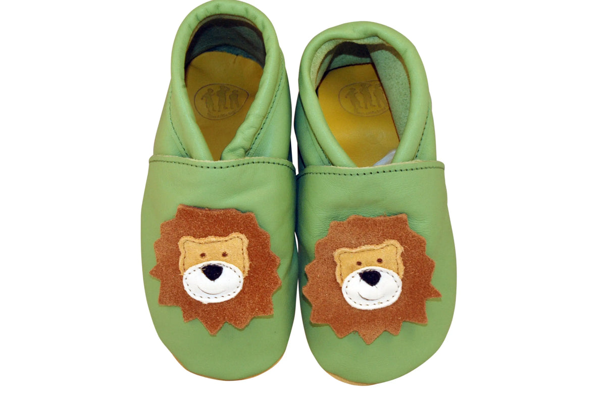 Three Little Imps Handmade Soft Leather Toddler Shoes - Roaring Lion on Pale Green Three Little Imps