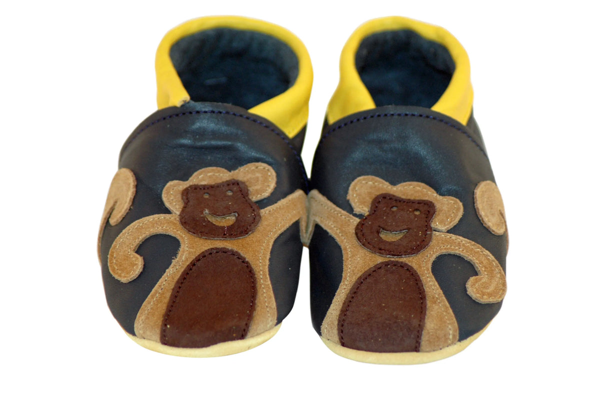 Three Little Imps Handmade Soft Leather Toddler Shoes - Cheeky Monkey on Navy Blue Three Little Imps