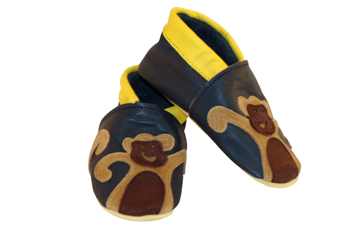 Three Little Imps Handmade Soft Leather Toddler Shoes - Cheeky Monkey on Navy Blue Three Little Imps