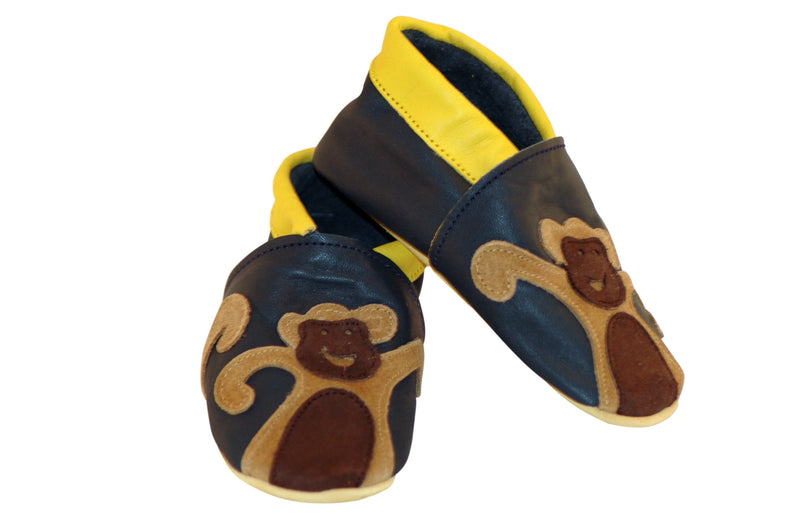 Three Little Imps Handmade Soft Leather Toddler Shoes - Cheeky Monkey on Navy Blue Three Little Imps