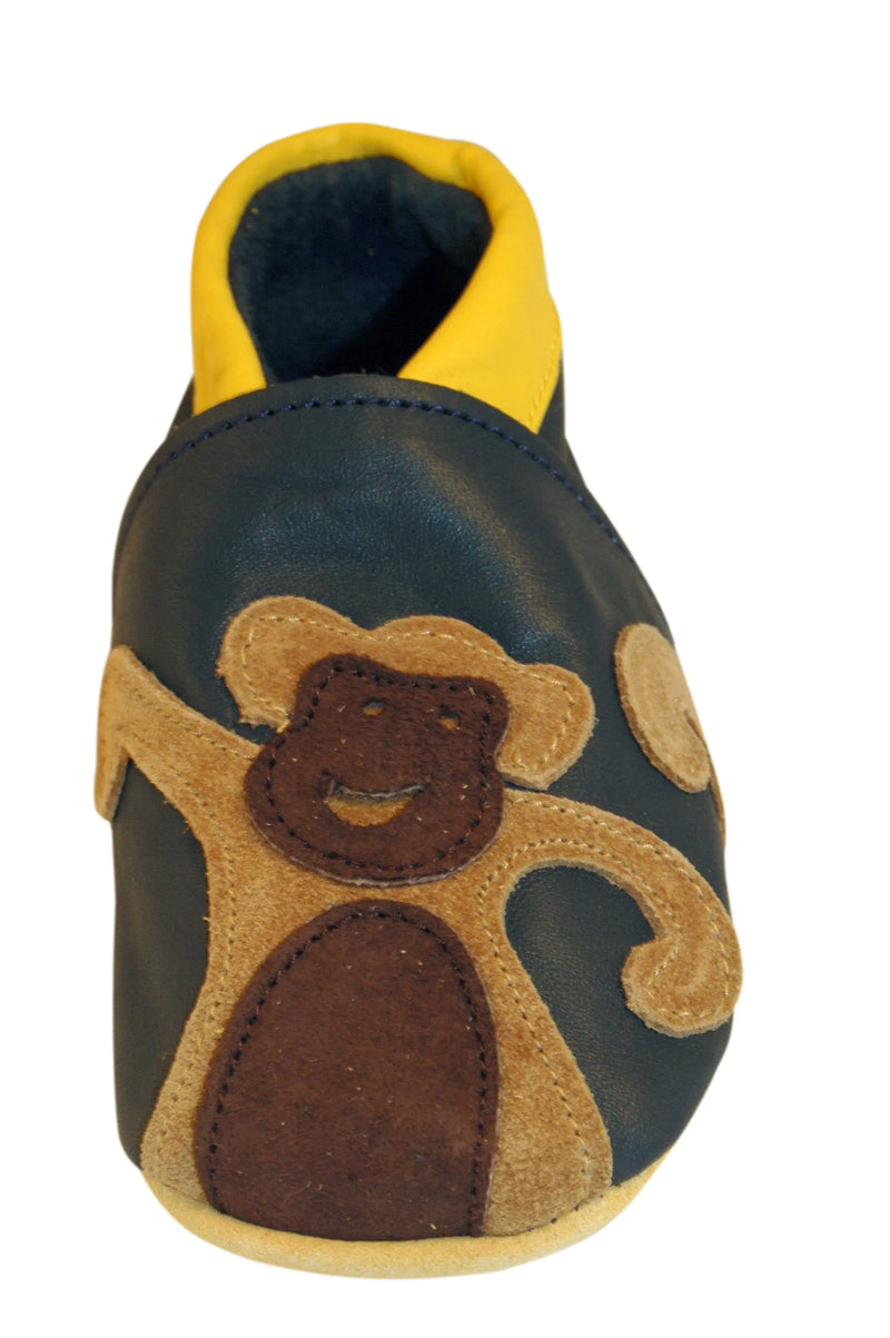 Three Little Imps Handmade Soft Leather Toddler Shoes - Cheeky Monkey on Navy Blue Three Little Imps