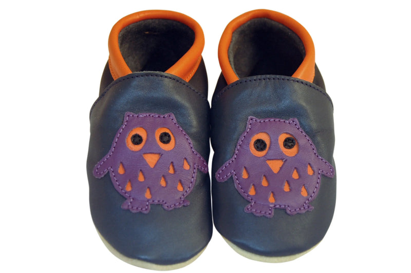 Three Little Imps Handmade Soft Leather Toddler Shoes - Wise Purple Owl on Navy Blue Three Little Imps