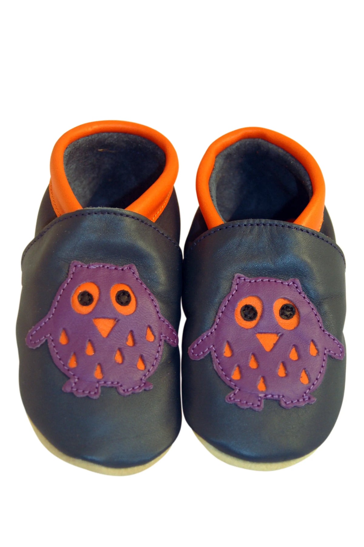 Three Little Imps Handmade Soft Leather Toddler Shoes - Wise Purple Owl on Navy Blue Three Little Imps