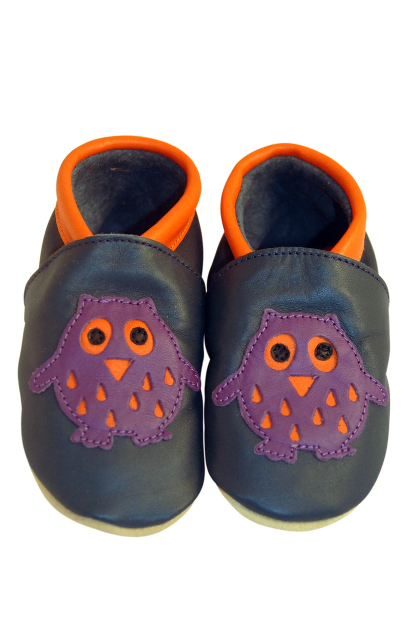 Three Little Imps Handmade Soft Leather Toddler Shoes - Wise Purple Owl on Navy Blue Three Little Imps