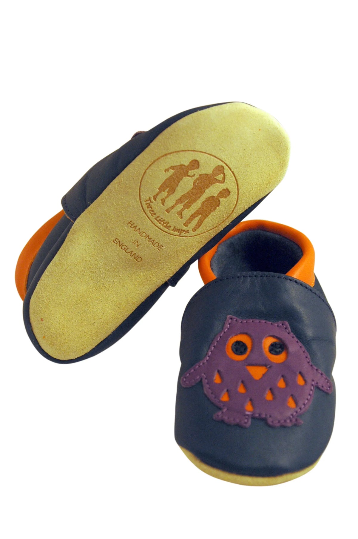 Three Little Imps Handmade Soft Leather Toddler Shoes - Wise Purple Owl on Navy Blue Three Little Imps