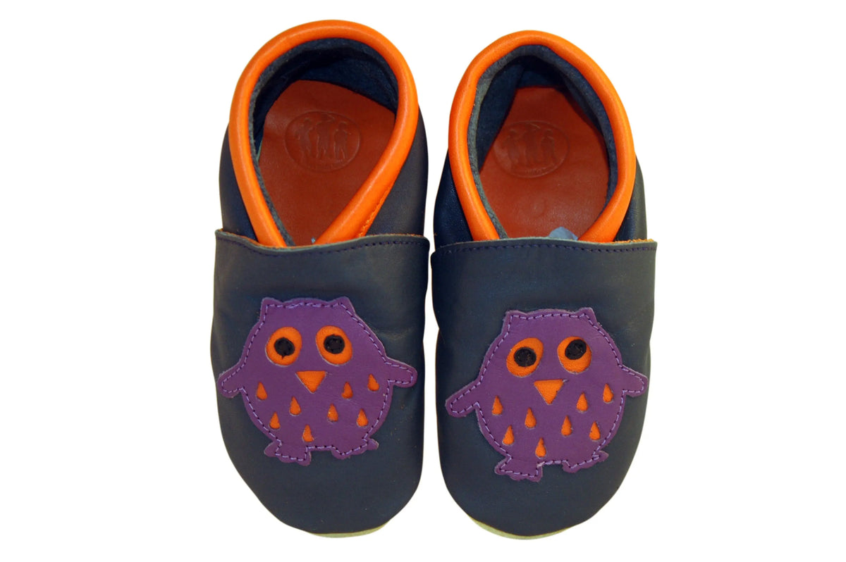 Three Little Imps Handmade Soft Leather Toddler Shoes - Wise Purple Owl on Navy Blue Three Little Imps