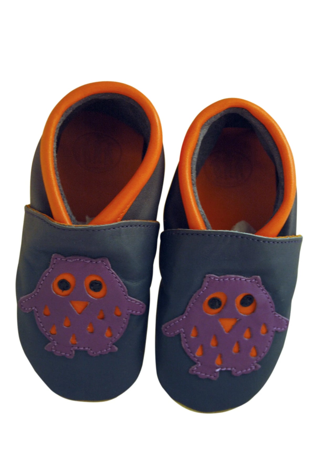 Three Little Imps Handmade Soft Leather Toddler Shoes - Wise Purple Owl on Navy Blue Three Little Imps
