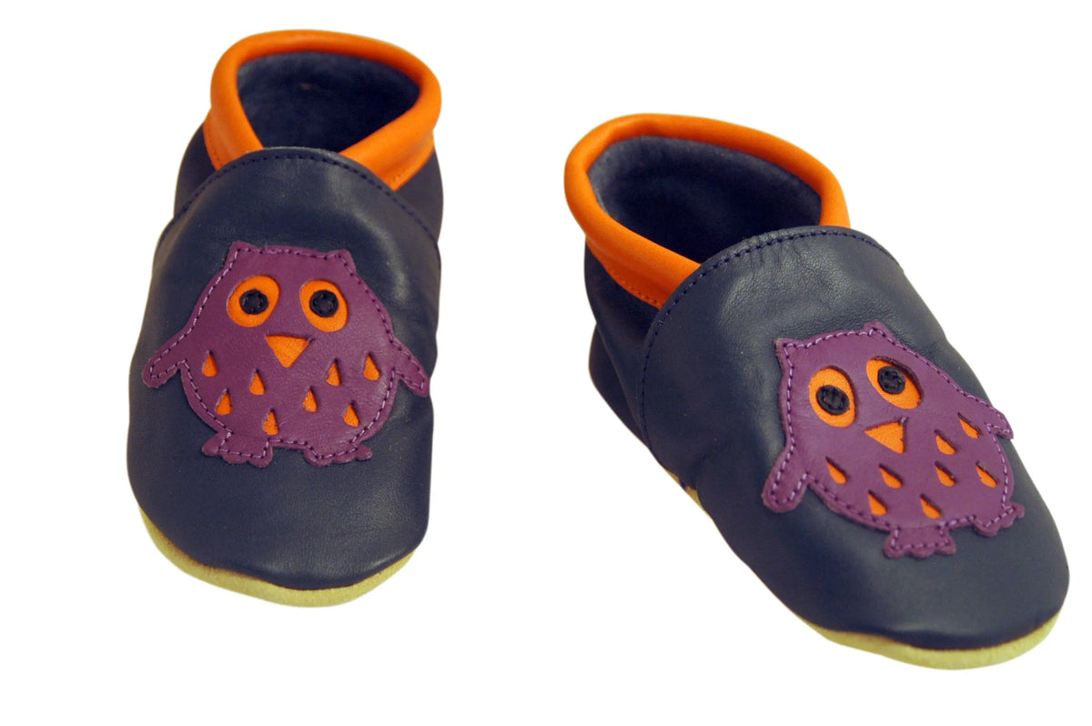 Three Little Imps Handmade Soft Leather Toddler Shoes - Wise Purple Owl on Navy Blue Three Little Imps