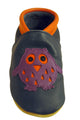 Three Little Imps Handmade Soft Leather Toddler Shoes - Wise Purple Owl on Navy Blue