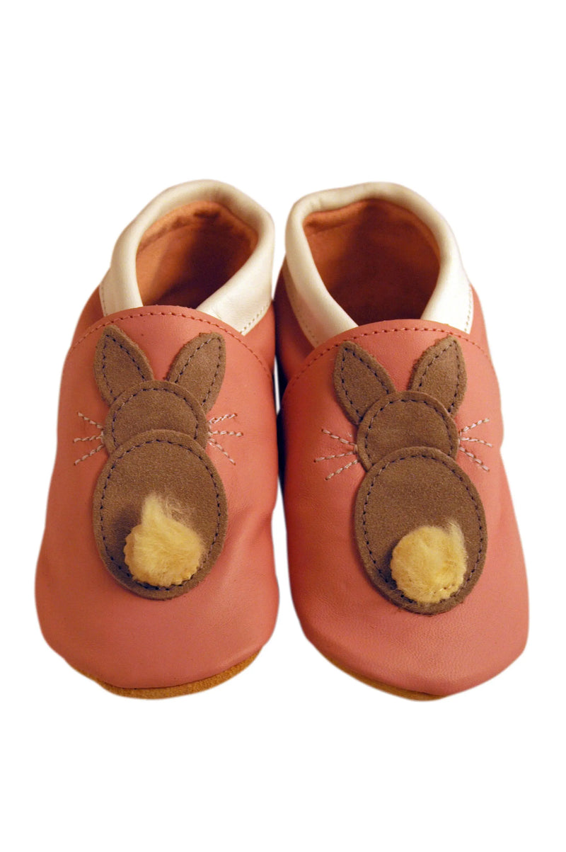 Three Little Imps Handmade Soft Leather Toddler Shoes - Bouncing Grey Bunny Rabbit on Pink Three Little Imps