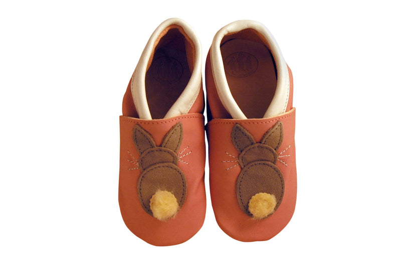 Three Little Imps Handmade Soft Leather Toddler Shoes - Bouncing Grey Bunny Rabbit on Pink Three Little Imps