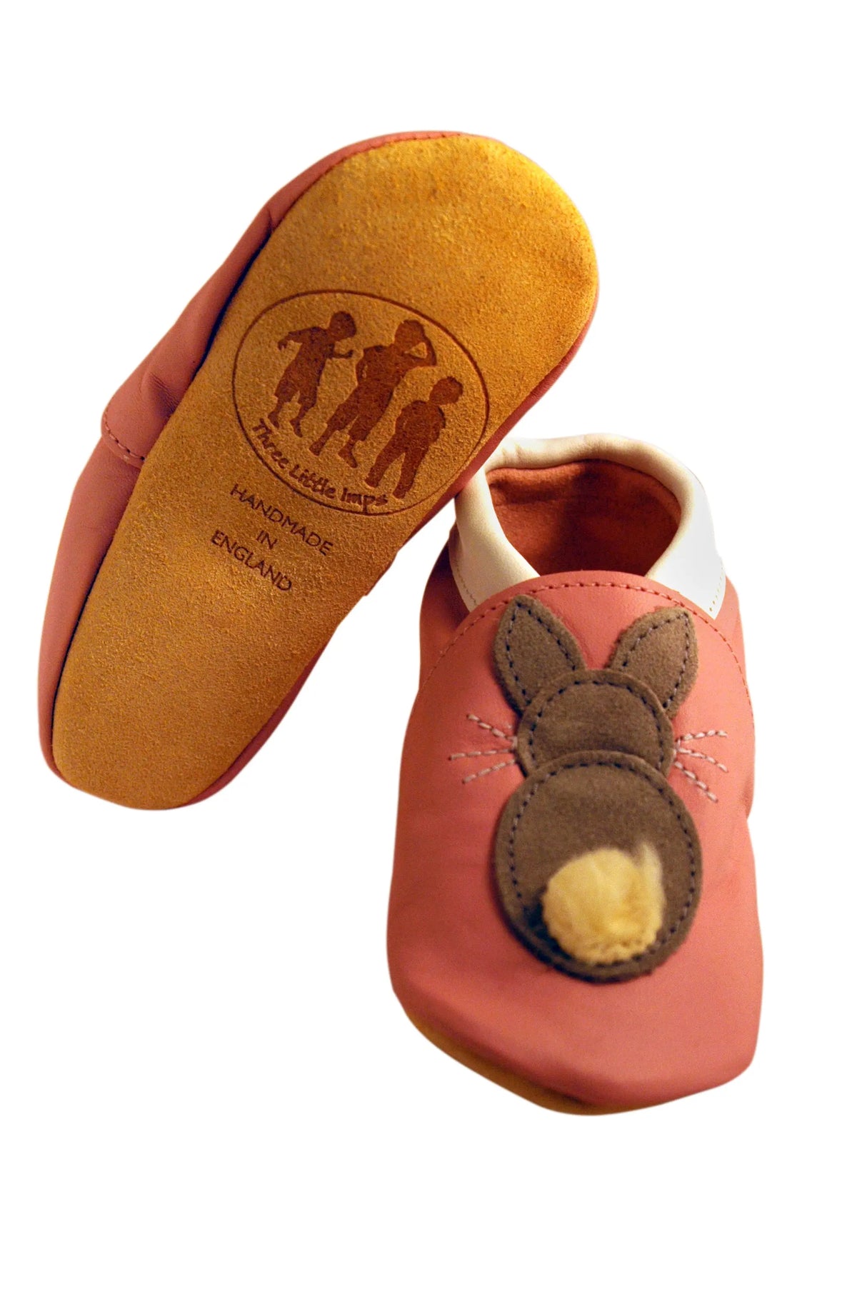 Three Little Imps Handmade Soft Leather Toddler Shoes - Bouncing Grey Bunny Rabbit on Pink Three Little Imps