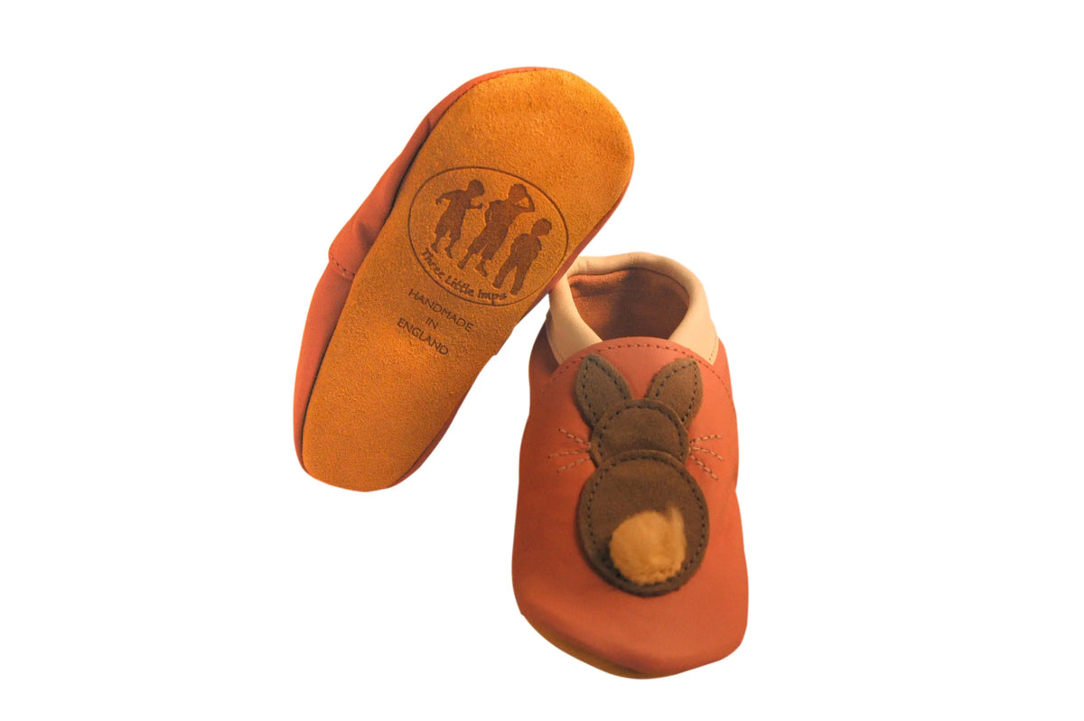 Three Little Imps Handmade Soft Leather Toddler Shoes - Bouncing Grey Bunny Rabbit on Pink Three Little Imps
