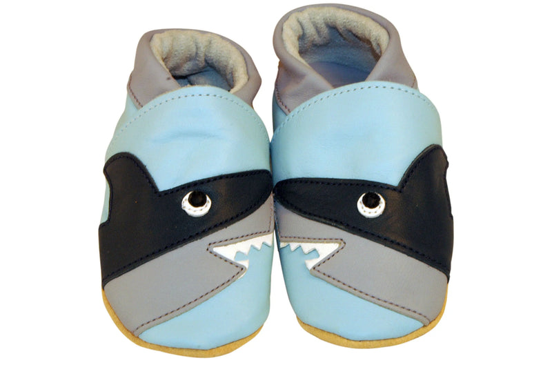 Three Little Imps Handmade Soft Leather Toddler Shoes - Snappy Shark on Pale Blue Three Little Imps