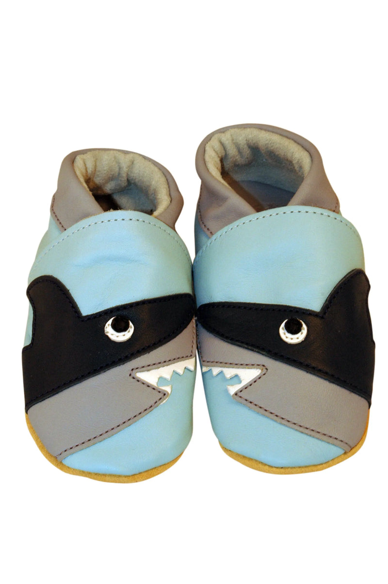 Three Little Imps Handmade Soft Leather Toddler Shoes - Snappy Shark on Pale Blue Three Little Imps