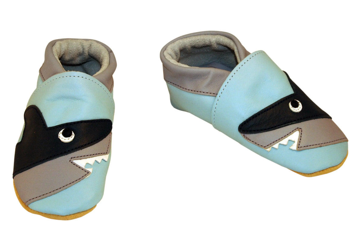 Three Little Imps Handmade Soft Leather Toddler Shoes - Snappy Shark on Pale Blue Three Little Imps