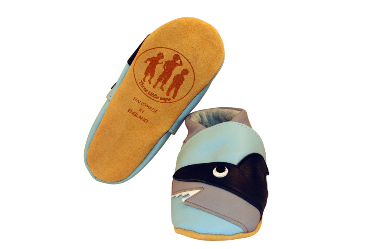 Three Little Imps Handmade Soft Leather Toddler Shoes - Snappy Shark on Pale Blue Three Little Imps
