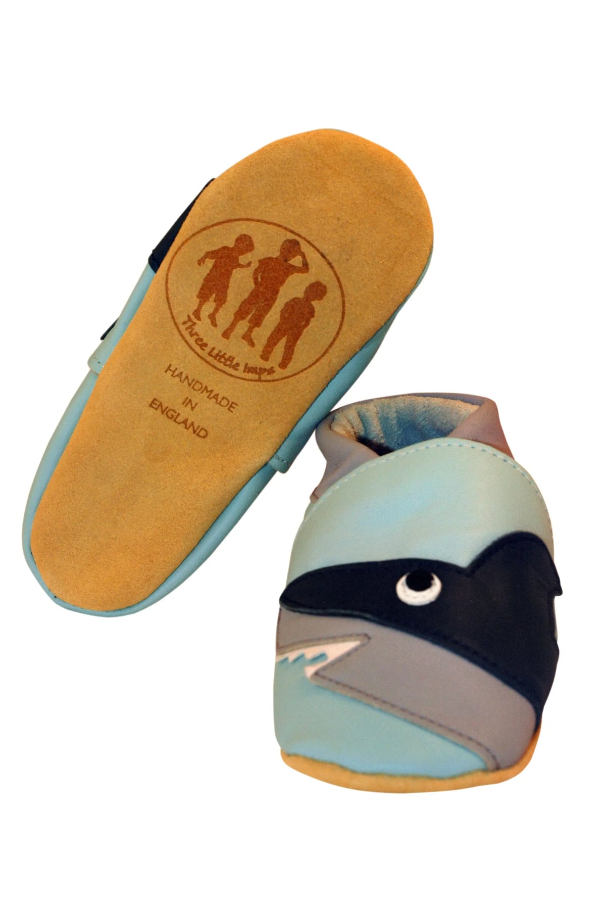 Three Little Imps Handmade Soft Leather Toddler Shoes - Snappy Shark on Pale Blue Three Little Imps
