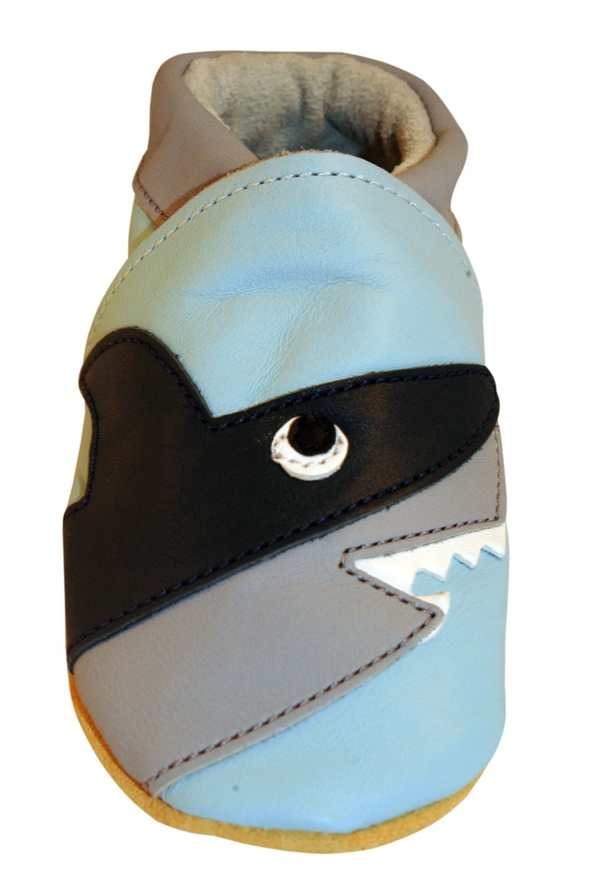Three Little Imps Handmade Soft Leather Toddler Shoes - Snappy Shark on Pale Blue Three Little Imps