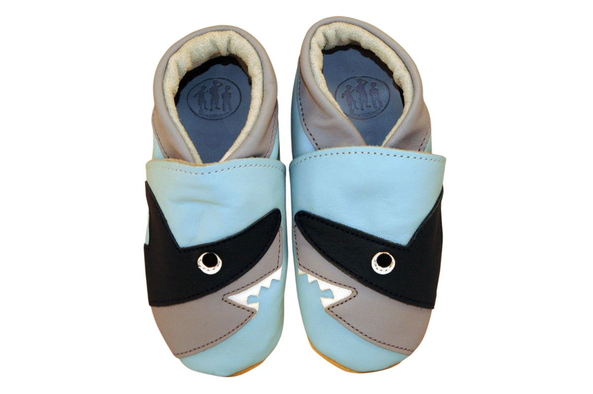 Three Little Imps Handmade Soft Leather Toddler Shoes - Snappy Shark on Pale Blue Three Little Imps