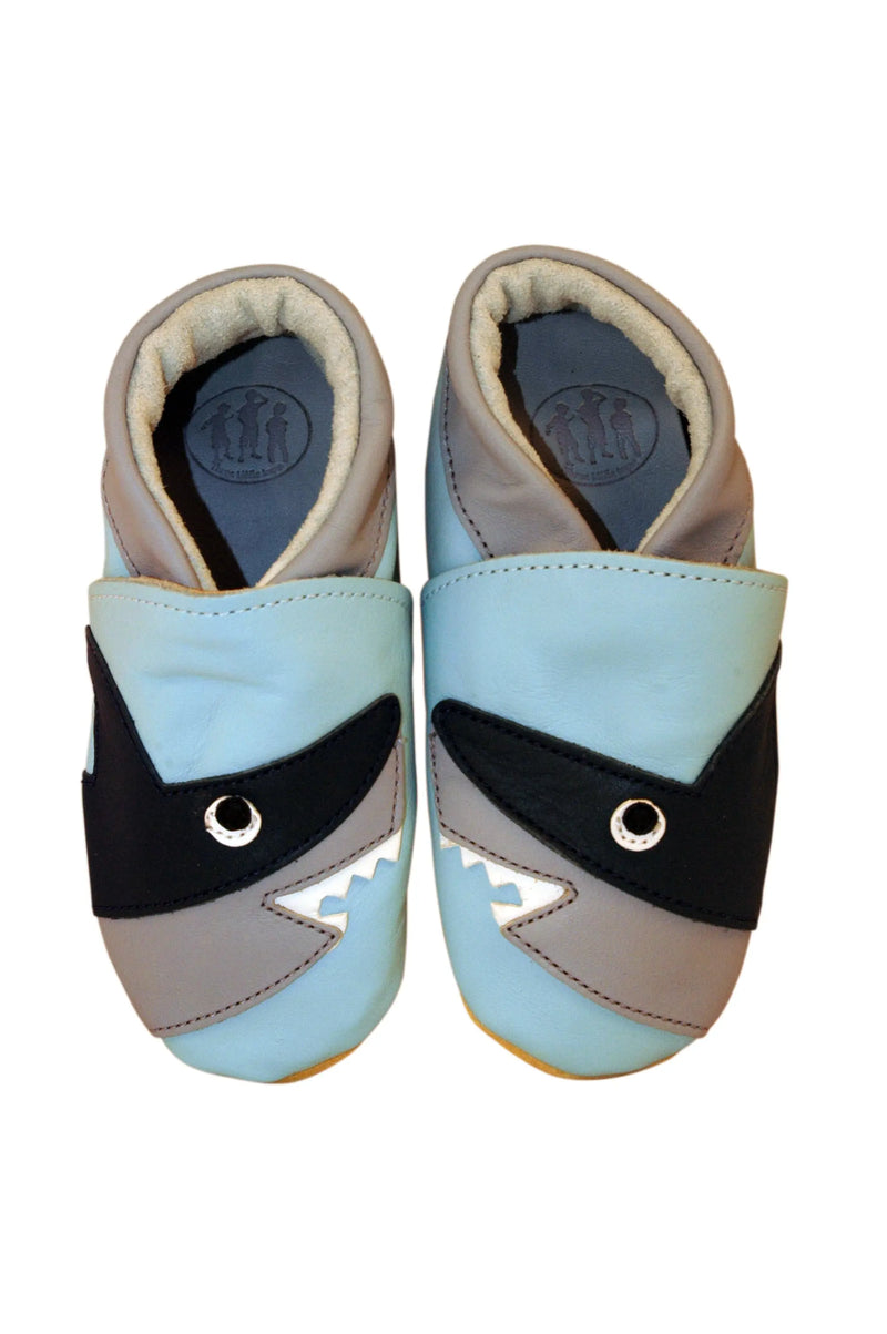 Three Little Imps Handmade Soft Leather Toddler Shoes - Snappy Shark on Pale Blue Three Little Imps