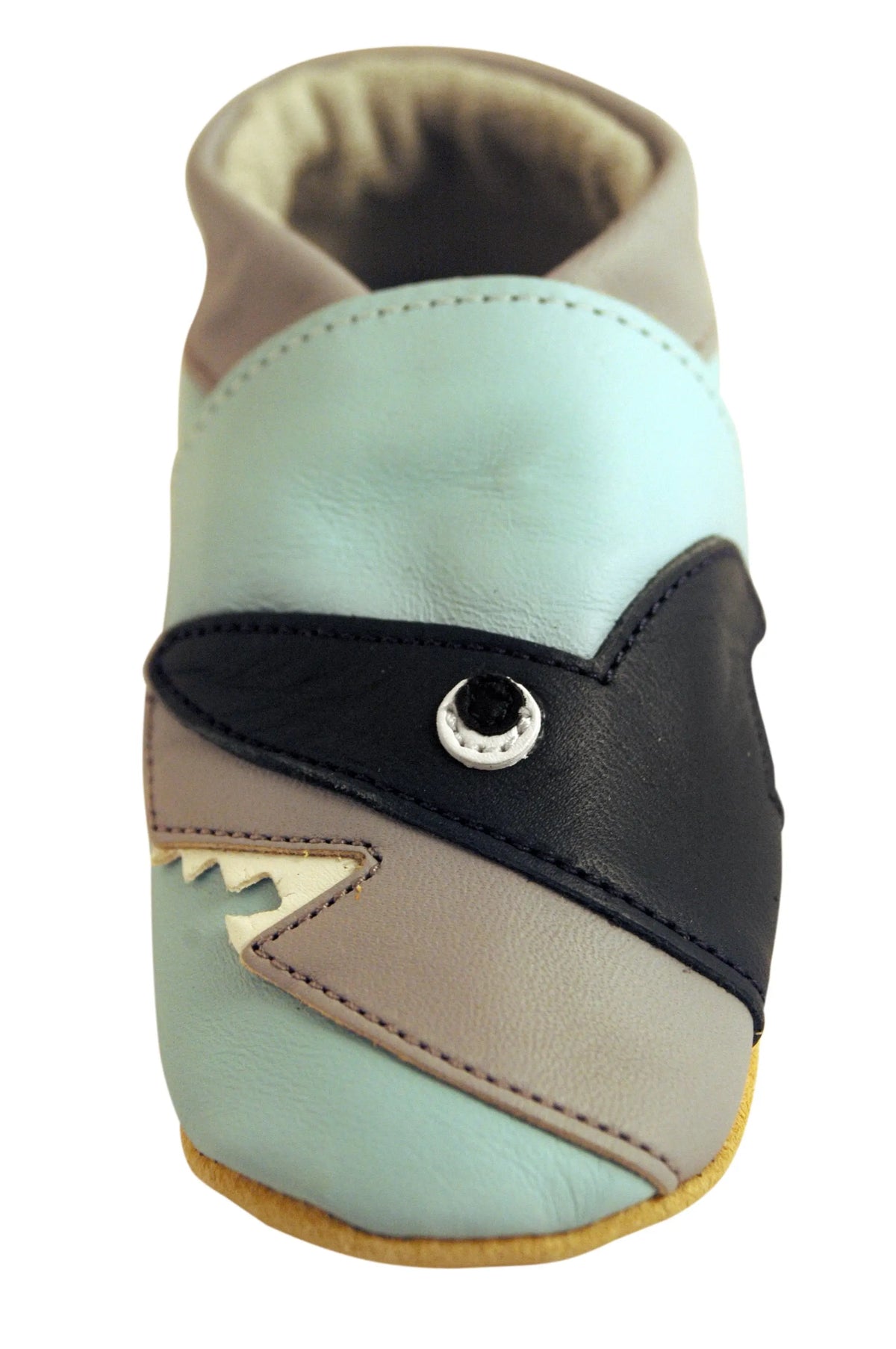 Three Little Imps Handmade Soft Leather Toddler Shoes - Snappy Shark on Pale Blue Three Little Imps