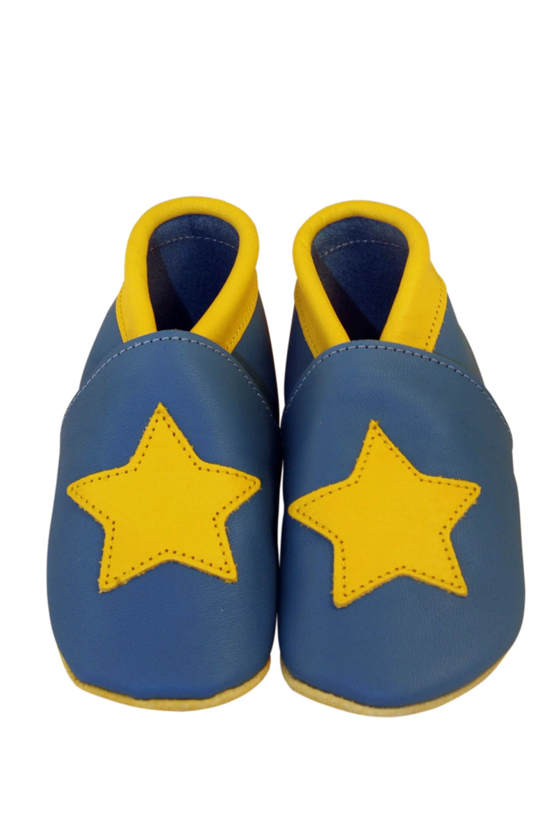 Three Little Imps Handmade Soft Leather Toddler Shoes - Twinkly Yellow Star on Blue Three Little Imps