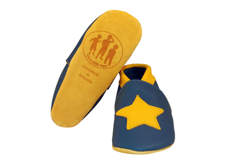 Three Little Imps Handmade Soft Leather Toddler Shoes - Twinkly Yellow Star on Blue Three Little Imps