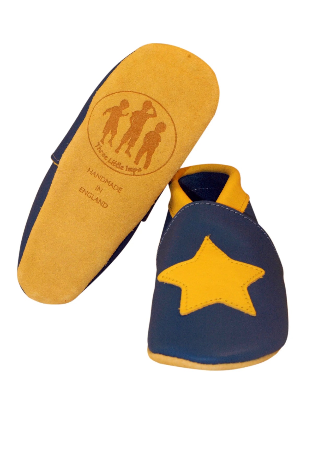 Three Little Imps Handmade Soft Leather Toddler Shoes - Twinkly Yellow Star on Blue Three Little Imps