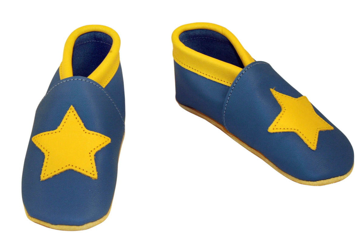 Three Little Imps Handmade Soft Leather Toddler Shoes - Twinkly Yellow Star on Blue Three Little Imps