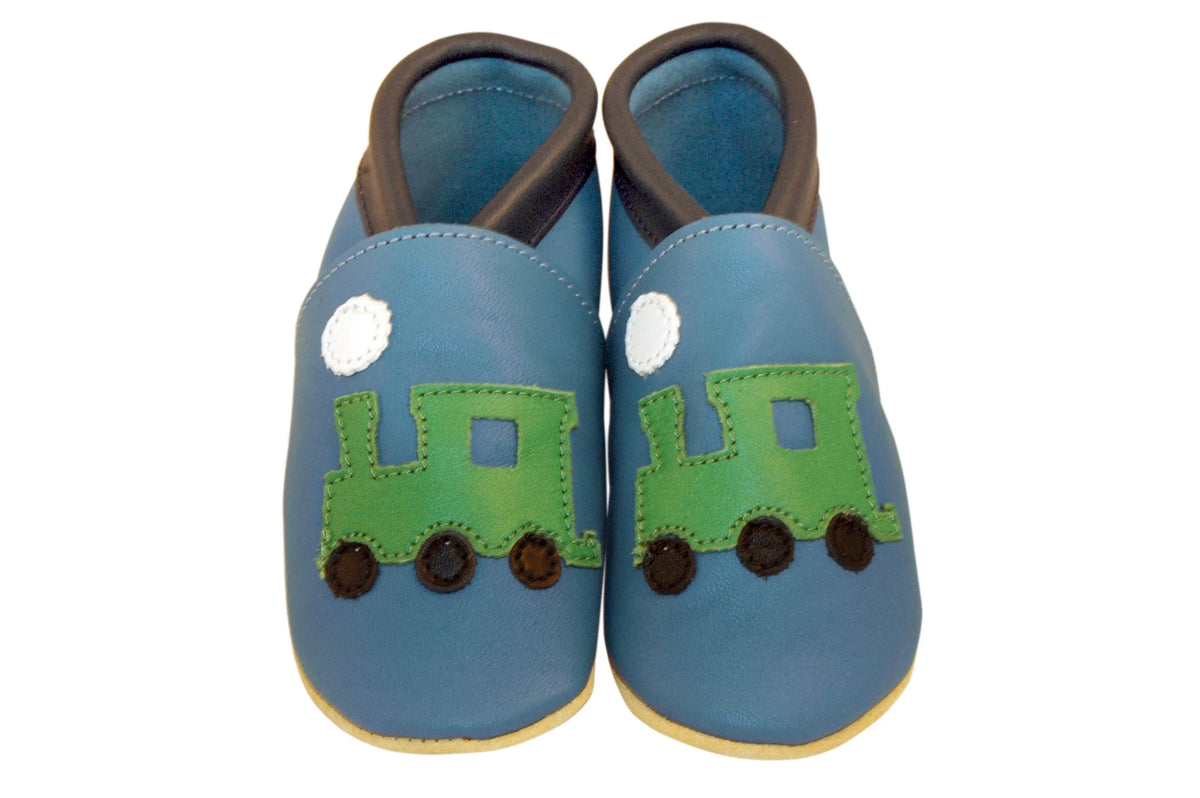 Three Little Imps Handmade Soft Leather Toddler Shoes - Green on Blue choo choo Train Three Little Imps