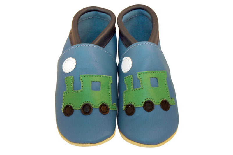 Three Little Imps Handmade Soft Leather Toddler Shoes - Green on Blue choo choo Train Three Little Imps