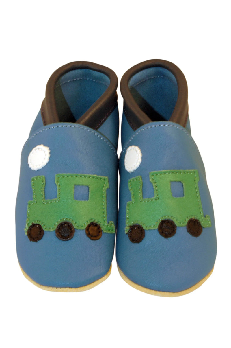 Three Little Imps Handmade Soft Leather Toddler Shoes - Green on Blue choo choo Train Three Little Imps