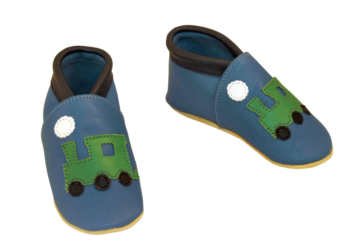 Three Little Imps Handmade Soft Leather Toddler Shoes - Green on Blue choo choo Train Three Little Imps