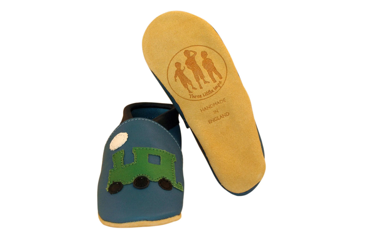 Three Little Imps Handmade Soft Leather Toddler Shoes - Green on Blue choo choo Train Three Little Imps