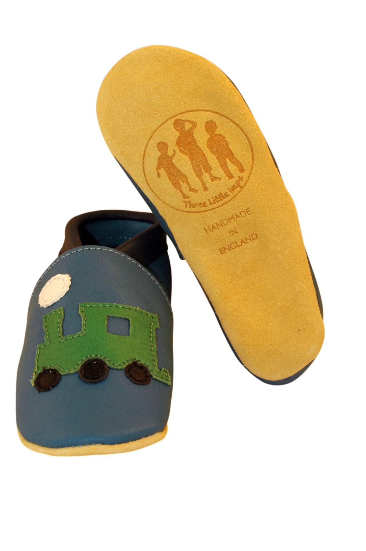 Three Little Imps Handmade Soft Leather Toddler Shoes - Green on Blue choo choo Train Three Little Imps