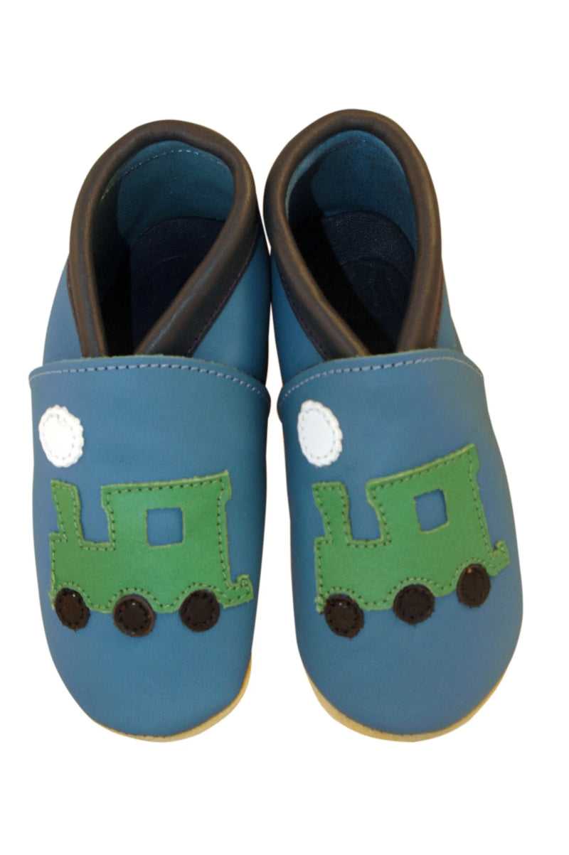 Three Little Imps Handmade Soft Leather Toddler Shoes - Green on Blue choo choo Train Three Little Imps