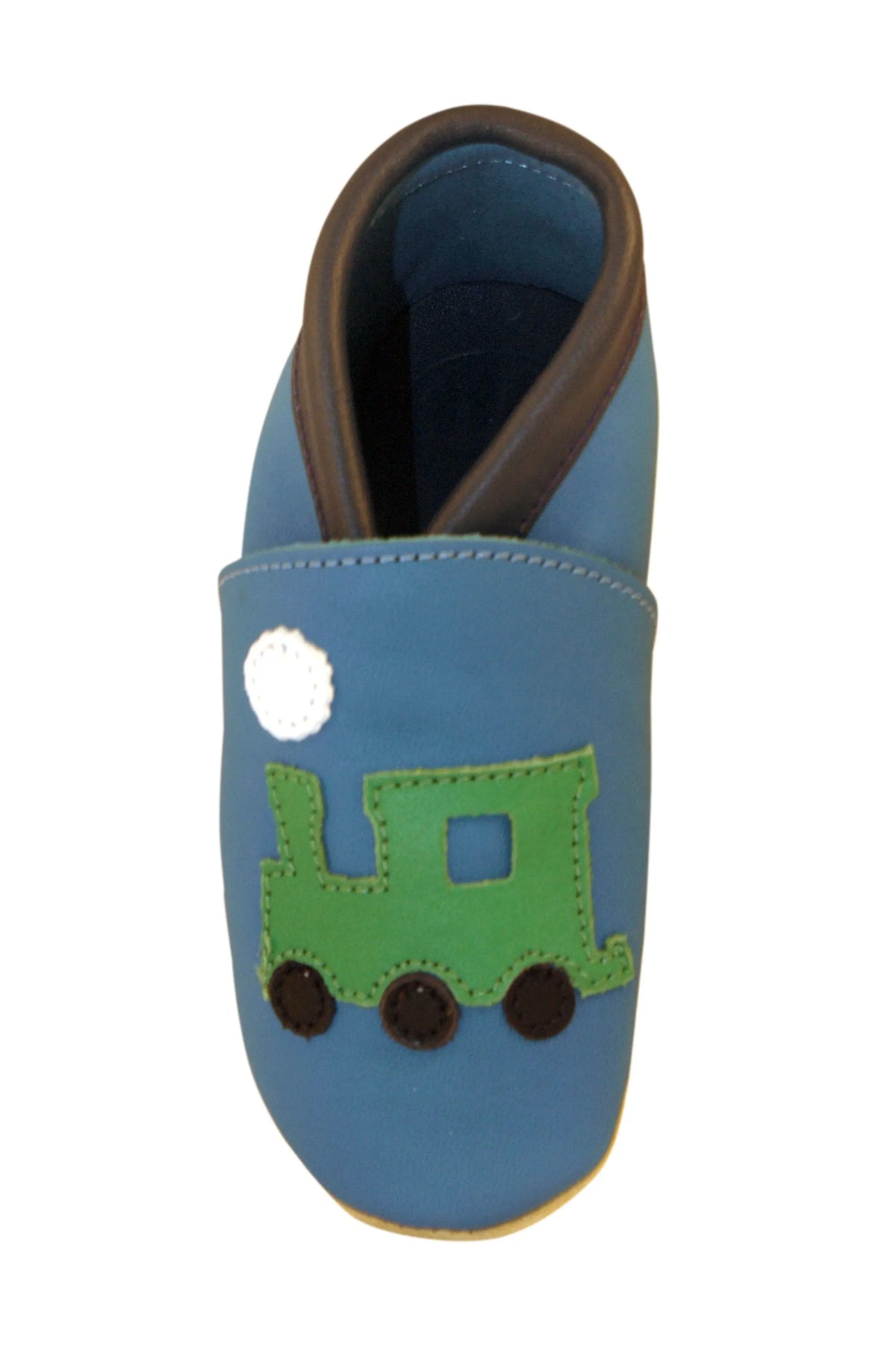 Three Little Imps Handmade Soft Leather Toddler Shoes - Green on Blue choo choo Train Three Little Imps